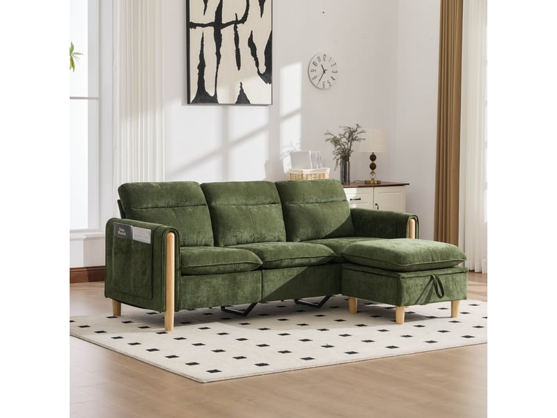 Canapé d’angle modulable 3 places 201x77x86 cm, méridienne réversible avec coffre, poches latérales, pieds en bois, style scandinave, chenille verte - Conforama B