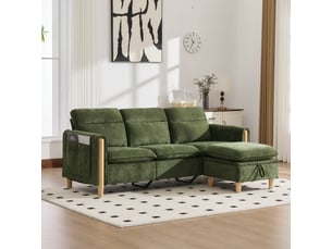 Canapé d’angle modulable 3 places 201x77x86 cm, méridienne réversible avec coffre, poches latérales, pieds en bois, style scandinave, chenille verte