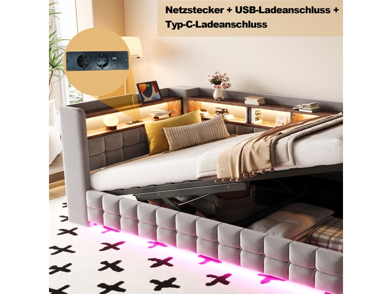  Lit canapé velours gris clair 90x200 cm avec rangement hydraulique, led, usb et étagère  - Conforama D