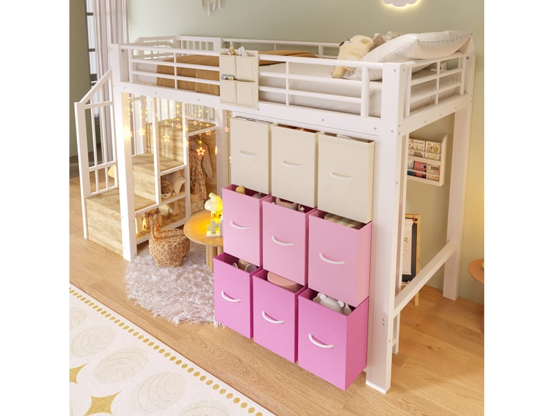  Elvmi lit mezzanine 90x200 cm en métal et mdf blanc, avec escalier de rangement, commode à tiroirs, penderie intégrée, garde-corps et poche textile, espace inférieur polyvalent, sommier inclus, sans matelas  - Conforama E