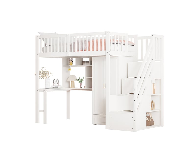 Lit mezzanine 90x200 cm avec armoire, bureau, étagère et escalier blanc - Conforama A
