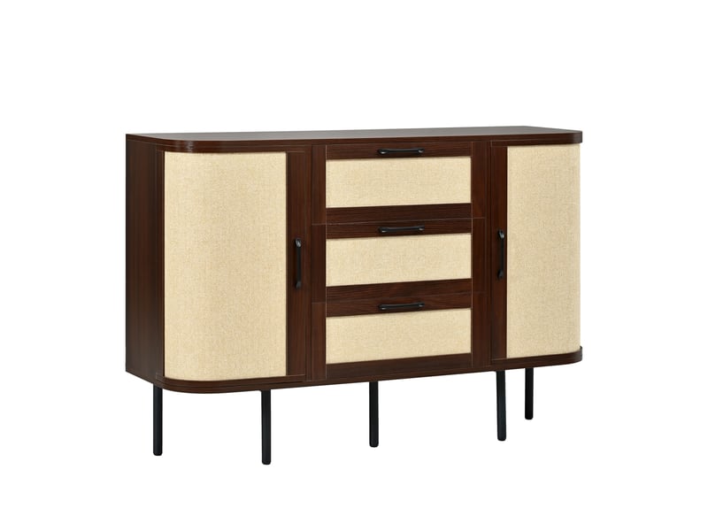 Meuble tv et buffet avec portes et tiroirs, façades effet cannage et pieds en métal pour salon, en mdf noyer - Conforama E