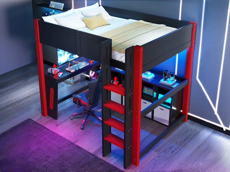  Lit mezzanine, 140 x 200 cm, structure en pin, bureau, panneau perforé, bande led, adapté aux garçons, noir et rouge  - Conforama B