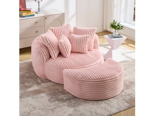 Canapé-lit modulable 123 x 168 x 63 cm, avec pouf, dossier accoudoirs, 5 coussins chenille, coloris rose, usage salon