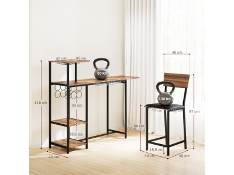  Ensemble table et chaises de bar avec 1 table extensible et 2 tabourets  - mdf et métal - marron  - Conforama D
