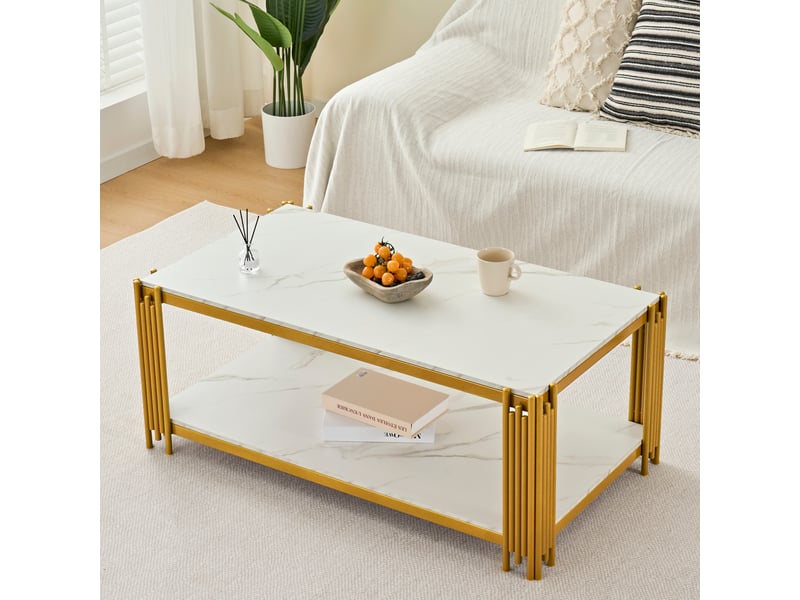  Table basse rectangulaire avec 2 étagères et plateau effet marbre, style moderne, pour salon, 114 × 64 × 46 cm  - Conforama C