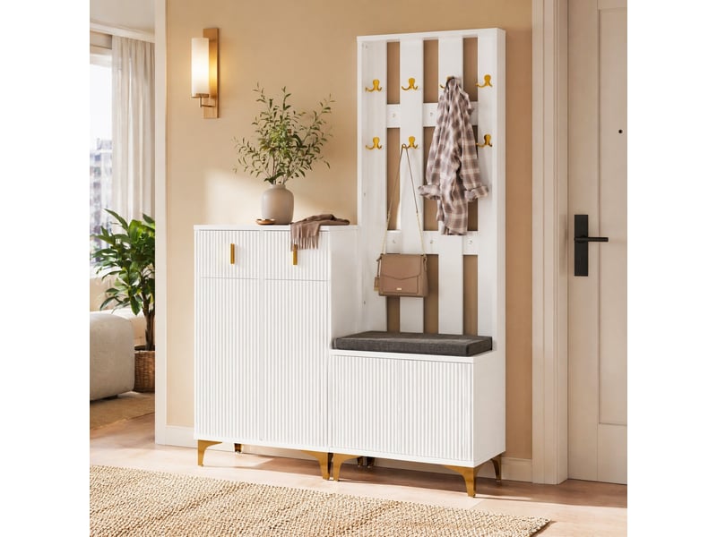  Ensemble vestiaire ulevr avec rangement, meuble à chaussures 2 tiroirs et 2 portes, patères dorées, panneau de particules blanc  - Conforama B