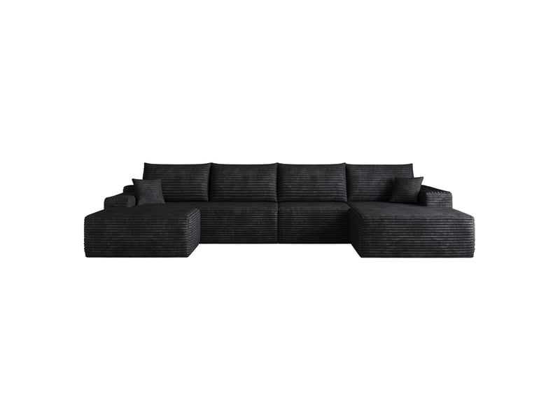  Canapé d'angle fixe 5 places en velours côtelé noir 340x175x83 cm, chaise longue en l, sans montage  - Conforama A