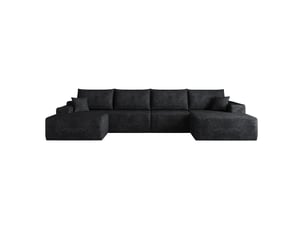 Canapé d'angle fixe 5 places en velours côtelé noir 340x175x83 cm, chaise longue en l, sans montage