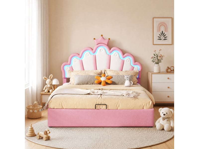  Lit coffre 140x200 cm avec éclairage led réglable en similicuir rose  - Conforama C