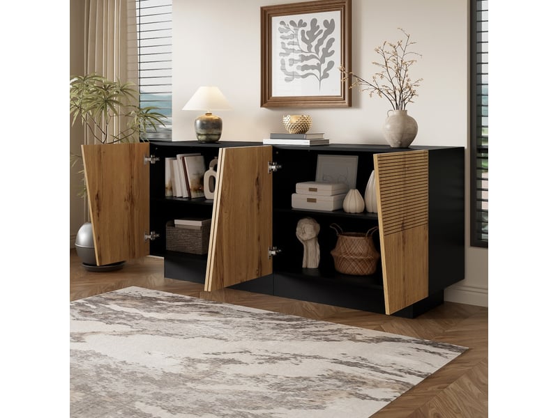  Buffet moderne de 160 cm, meuble de rangement avec grand espace de rangement, un design géométrique et une étagère réglable, marron  - Conforama D