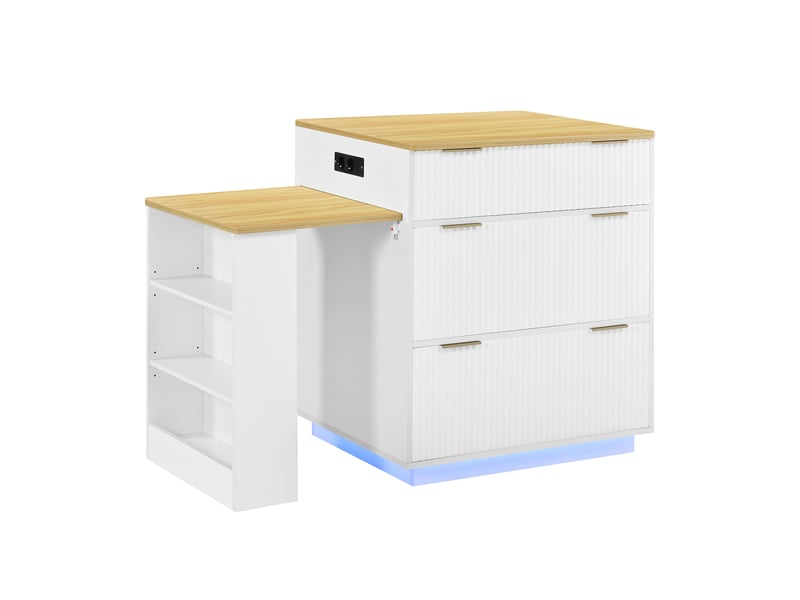Îlot de cuisine mobile blanc, table extensible, led, prises, tiroirs, étagères - Conforama E