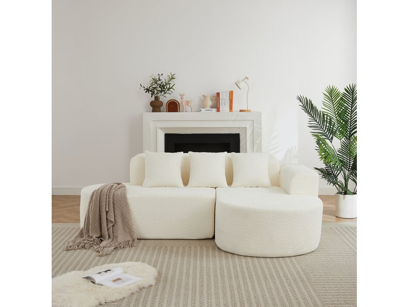 Canapé d'angle 3 places avec méridienne à droite et 3 coussins de dossier en chenille beige, 222 × 157 × 73 cm - Conforama D