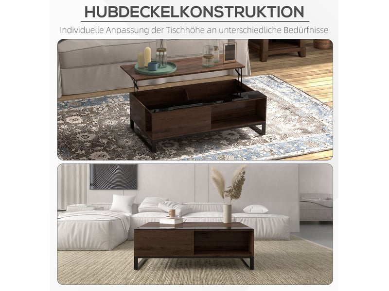 Table basse relevable avec 2 compartiments cachés et étagère ouverte, plateau en verre, noyer et noir pour salon - Conforama E