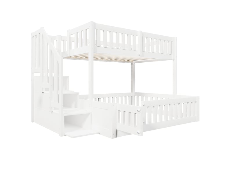 Lit superposé bas 90x200 cm et 140x200 cm avec escalier de rangement blanc  - Conforama D