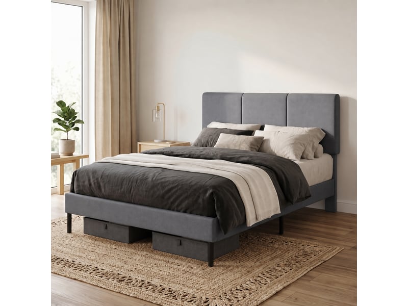  Cadre de lit 140 x 200 cm, lit rembourré en tissu aspect lin gris foncé, tête de lit réglable, 12 lattes  - Conforama E