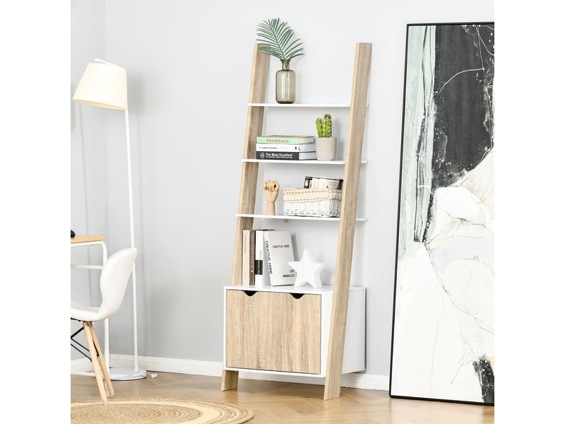  Bibliothèque en bois en forme d'échelle avec 3 étagères et 1 placard de rangement, 60 x 40 x 171 cm, chêne et blanc  - Conforama C