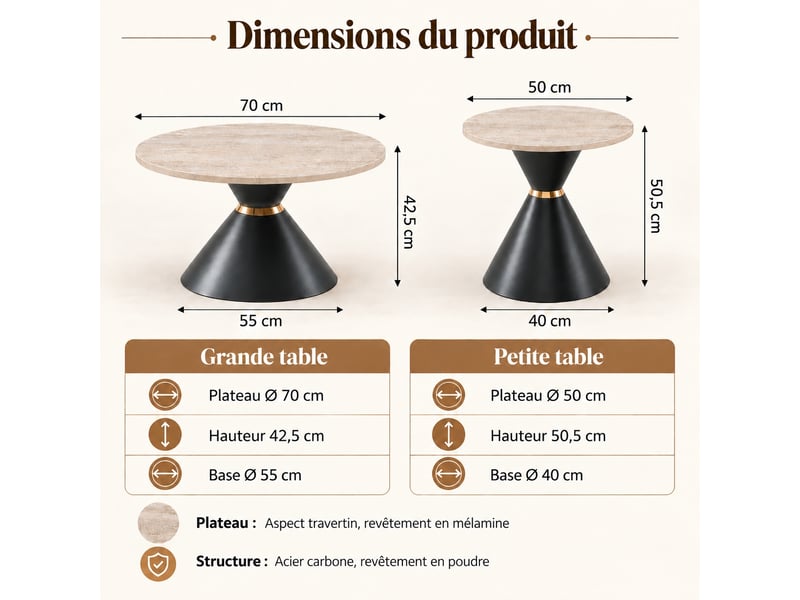  Lot de 2 tables basses rondes, plateau rond effet travertin beige, structure metal noir et dore, ø 7050 cm.  - Conforama C