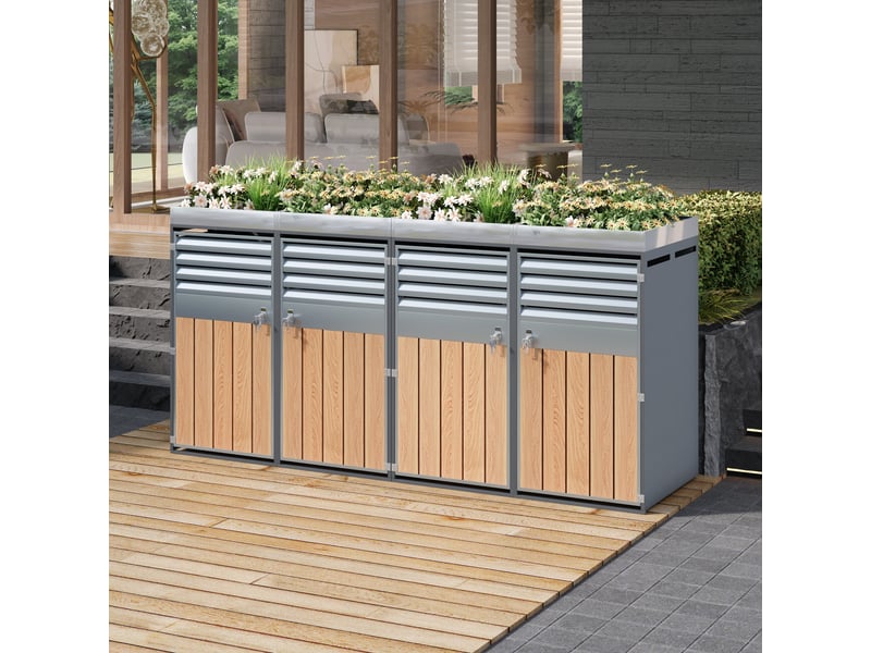 Placard à poubelles avec jardinière - quatre portes - verrouillable - ventilation optimale - acier galvanisé Gris , Bois - Conforama D