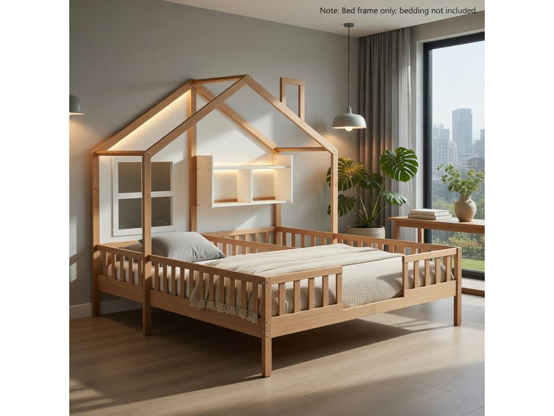  Gutenacht lit maison 90x200 cm bois avec fenêtres, cheminée, led et barrière  - Conforama B
