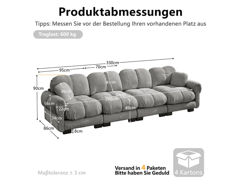  Canapé modulaire avec coussins épais et dossier ergonomique - lpospi - accoudoirs incurvés chenille gris clair 330 × 86 × 90 cm  - Conforama D