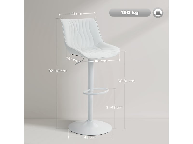  Lot de 2 tabourets de bar, chaises de bar structure en acier hauteur réglable 92-110 cm, dossier repose-pieds blanc  - Conforama E