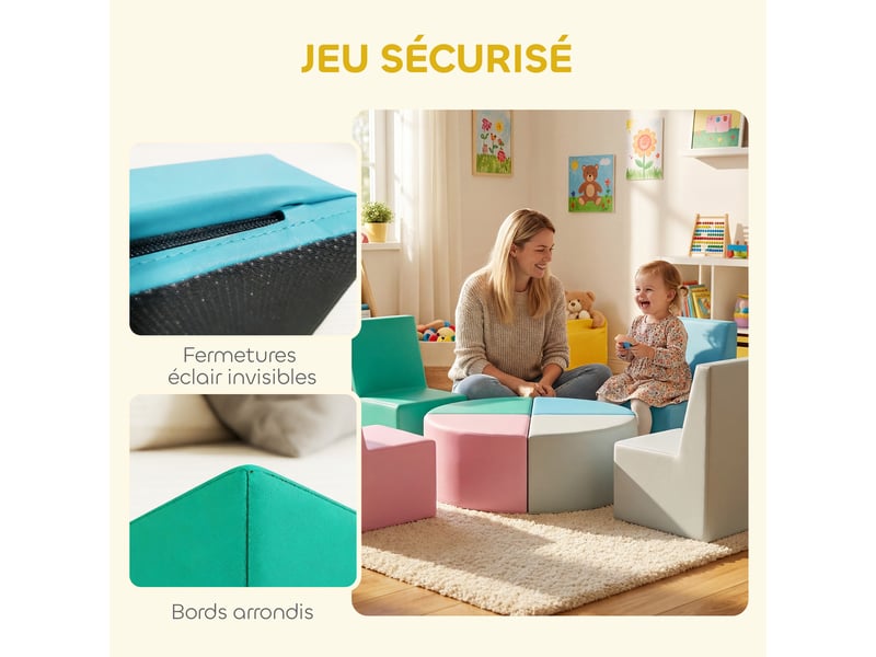  Parcours motricité bébé 8pcs, module motricité bébé mousse epe et housse en pu, design table et chaises, multicolore  - Conforama W
