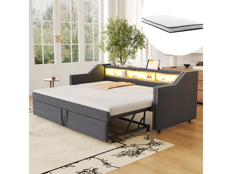 Lit banquette 2 places 90×190 et 180×190 cm, gigogne, led et usb - okmyhome- gris foncé, 2 matelas inclus - Conforama B