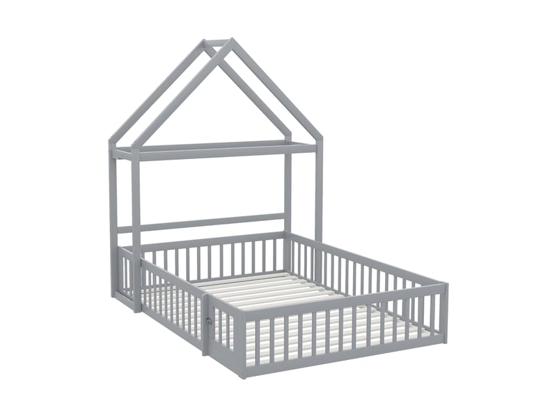 Lit enfant 140x200 cm avec toit modulable, garde-corps, tringle et sommier, bois de pin, gris, sans matelas - Conforama A