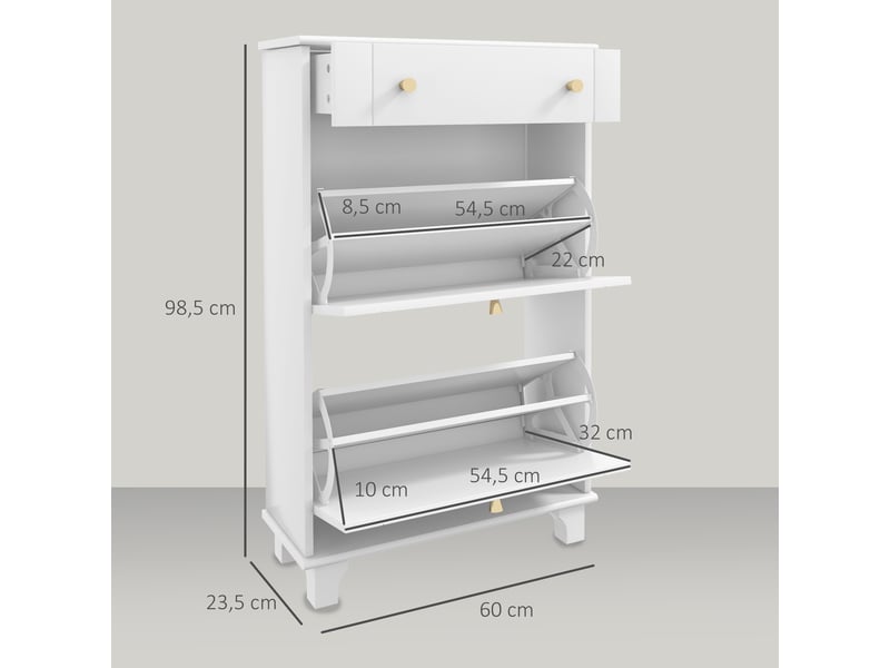  Meuble à chaussures blanc, étagère à chaussures étroite avec 2 portes à charnières et 1 tiroir pour 8 paires de chaussures, 60 x 23,5 x 98,5 cm  - Conforama D