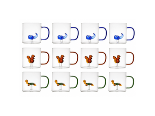 Lot de 12 mugs en verre 30 cl avec figurine animaux - 3 modèles assortis - anses colorées
