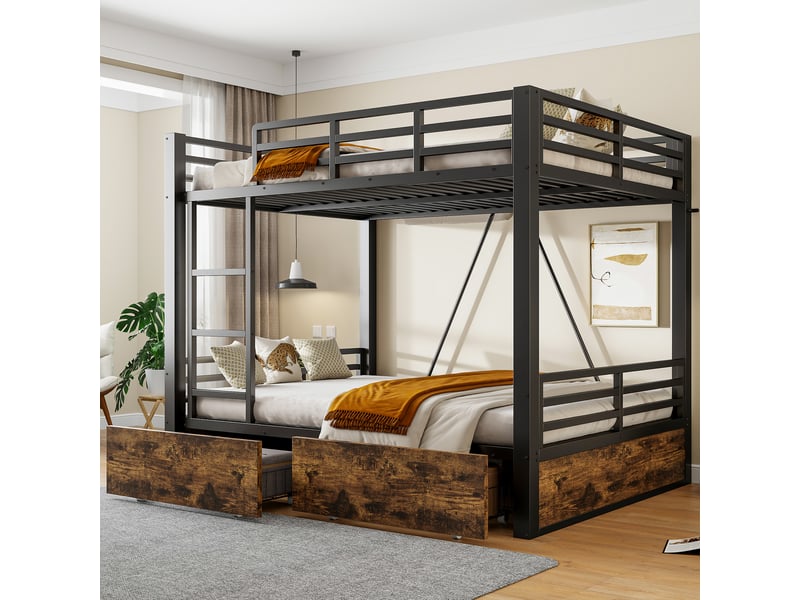  Lit superposé 4 places 140×200 cm, tiroirs et échelle - okmyhome- noir, sans matelas, métal et bois  - Conforama B