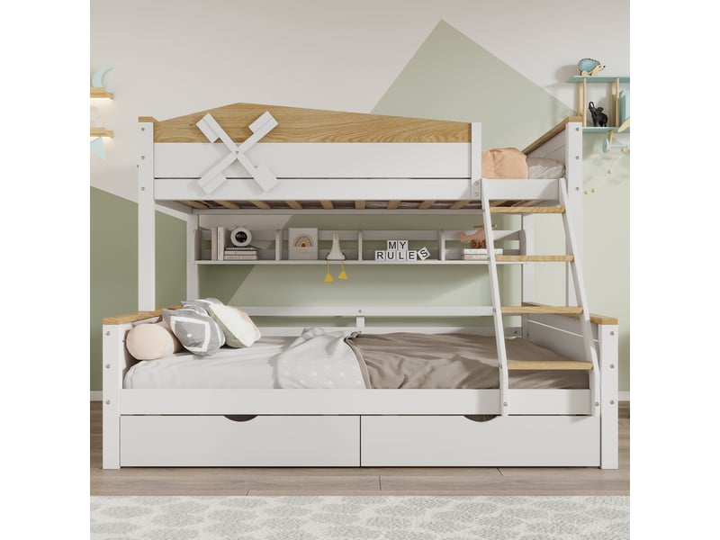 Lit superposé 90x200 et 140x200cm avec tiroirs et étagères | décor moulin à vent bois pin fsc échelle inclinée - blanc et naturel - Conforama B