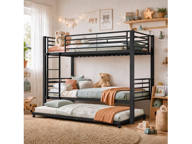 Lit superposé enfant 90 x 200 cm avec lit gigogne 90 x 190 cm, métal noir, échelle et barrières, 3 couchages - Conforama C