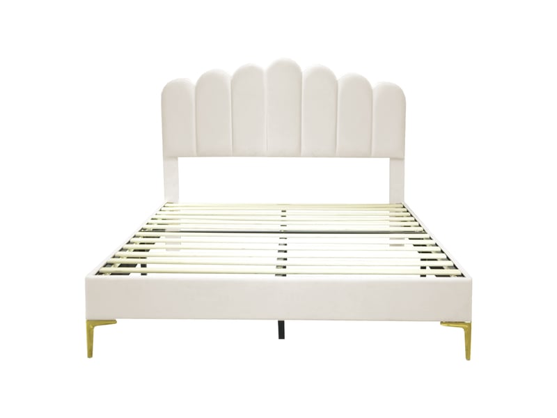  Lit double 140x200 cm en velours beige, tête de lit réglable et sommier à lattes  - Conforama A