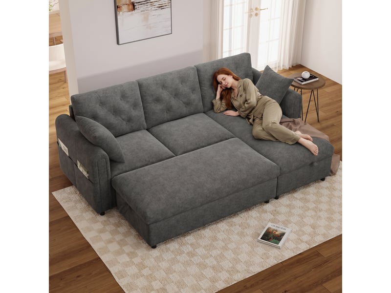  Canapé d'angle réversible gris 3 places avec coffre de rangement, pouf et poches latérales 219cm  - Conforama R