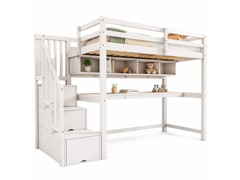  Lit mezzanine enfant,90x200 cm,avec bureau et rangement,bois et mdf,blanc  - Conforama A