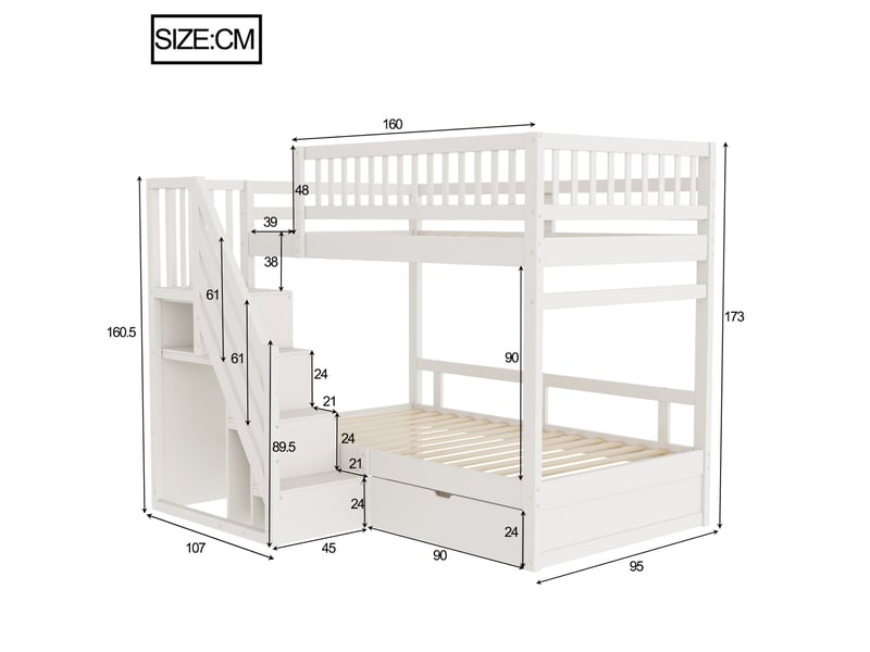  Lit superposé enfant 2x90x200 cm avec escalier de rangement et tiroirs blanc  - Conforama C