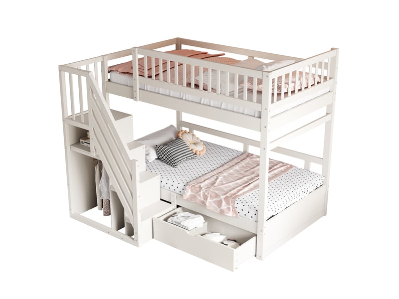  Modenvie lit superposé 90x200 cm - escalier avec rangement, tiroirs de lit, sommier inclus - blanc  - Conforama A