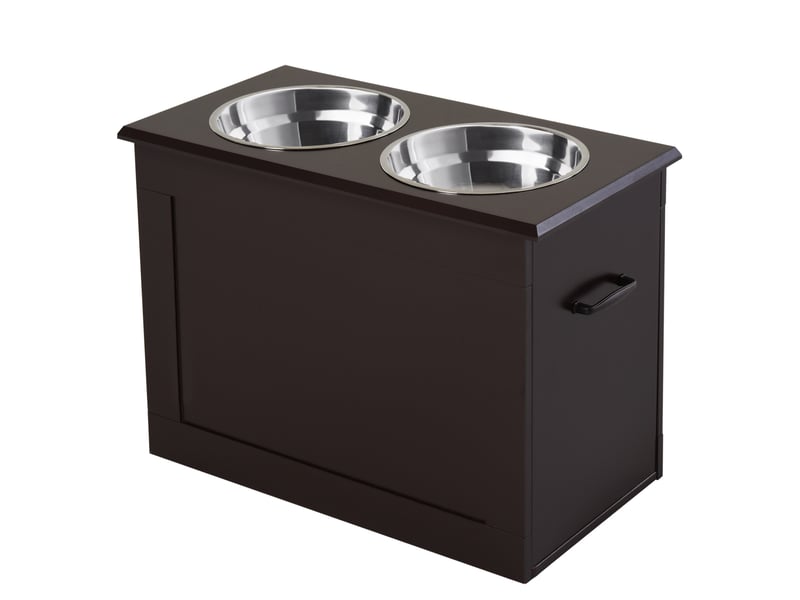  Station repas animaux 60x30x41 cm – marron – 2 bols en acier inoxydable, rangement dissimulé pratique  - Conforama A