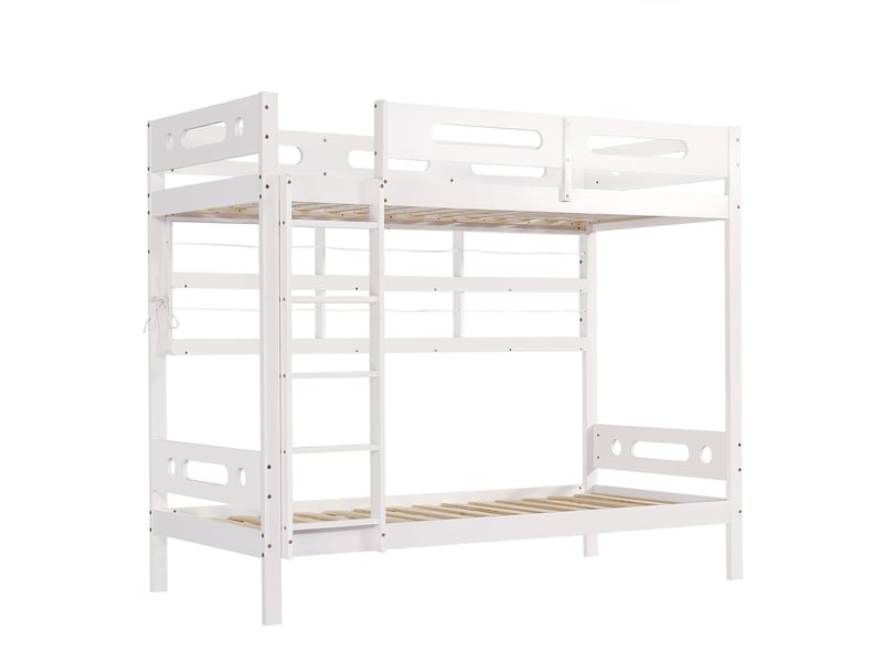  Lit superposé pour enfant avec barrière de sécurité, étagère ouverte, échelle à cinq marches, grand espace de rangement, pin et mdf, blanc, 90 x 200 cm  - Conforama E