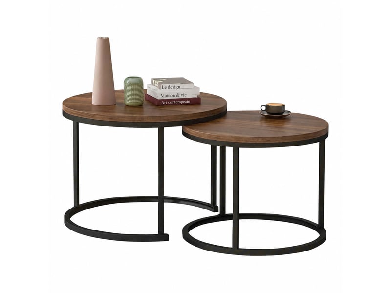  Tables basses rondes gigognes en mdf aspect bois, ensemble de deux tables basses rondes pour salon, marron  - Conforama A