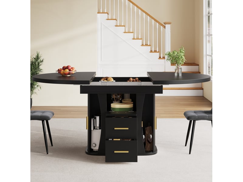  Table de salle à manger extensible ronde noire en mdf, 118 à 158 cm, jusqu’à 6 personnes et rangement intégré  - Conforama E