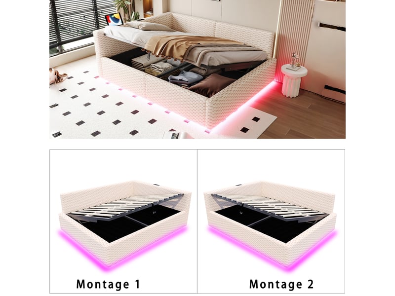  Lit coffre double 140×200 cm avec led, usb et type-c - okmyhome- tête de lit en velours, sans matelas  - Conforama E