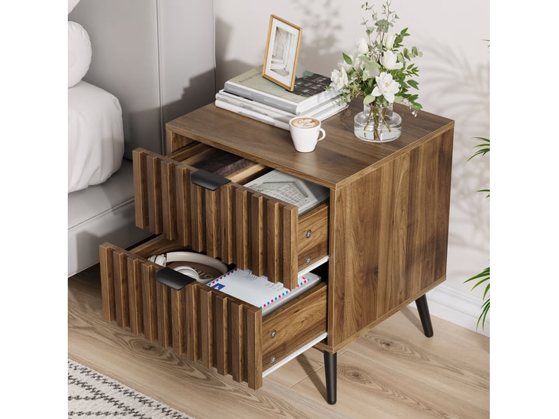  Table de nuit 2 tiroirs 45 x 40 x 53 cm, finition noyer en panneaux mdf, piètement métallique stable et design encastré  - Conforama E