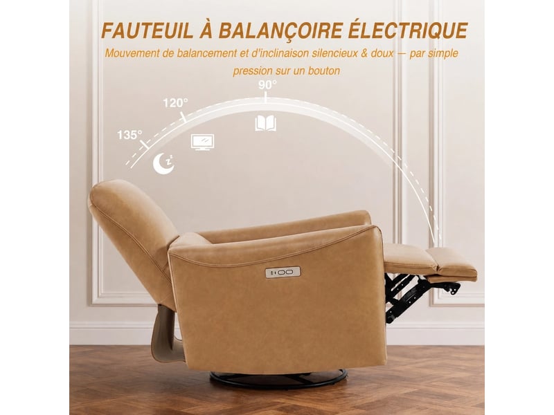  Fauteuil relax électrique pivotant 270° – usbtype-c, en tissu,dossier 135°, charge 159 kg-marron  - Conforama C