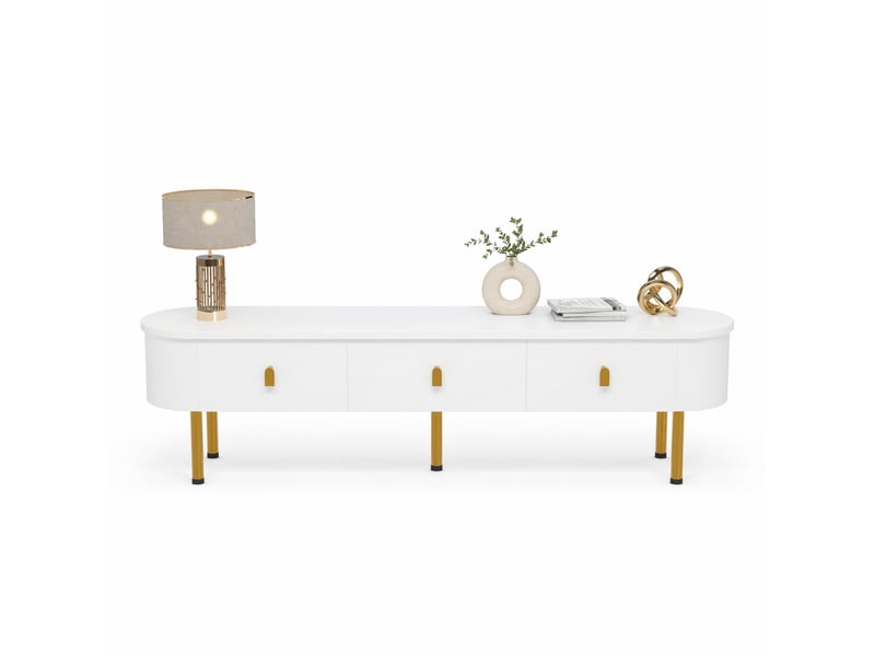  Meuble tv avec 3 tiroirs et bords arrondis pour salon en mdf 174×35×41 cm blanc et doré  - Conforama A