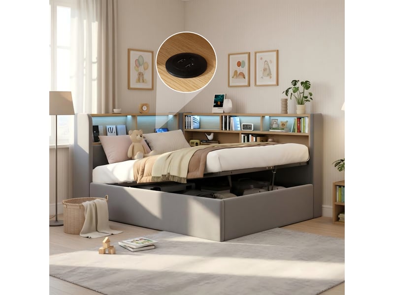  Canapé-lit 90x200 cm, lit enfant, couchage d'appoint, rangement hydraulique, led, port usb, velours gris  - Conforama A