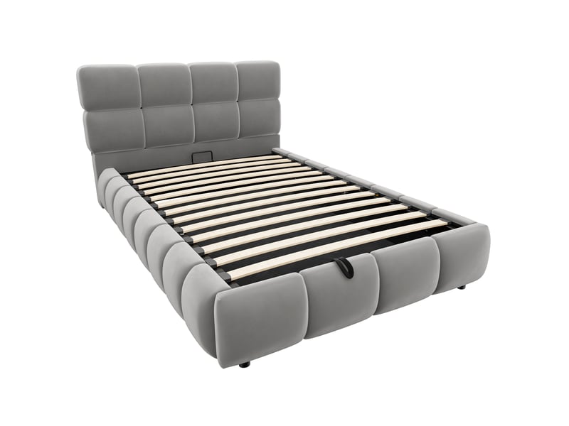 Lit coffre 90x200 cm - lit simple avec rangement hydraulique et led - tête de lit rembourrée - gris - Conforama E