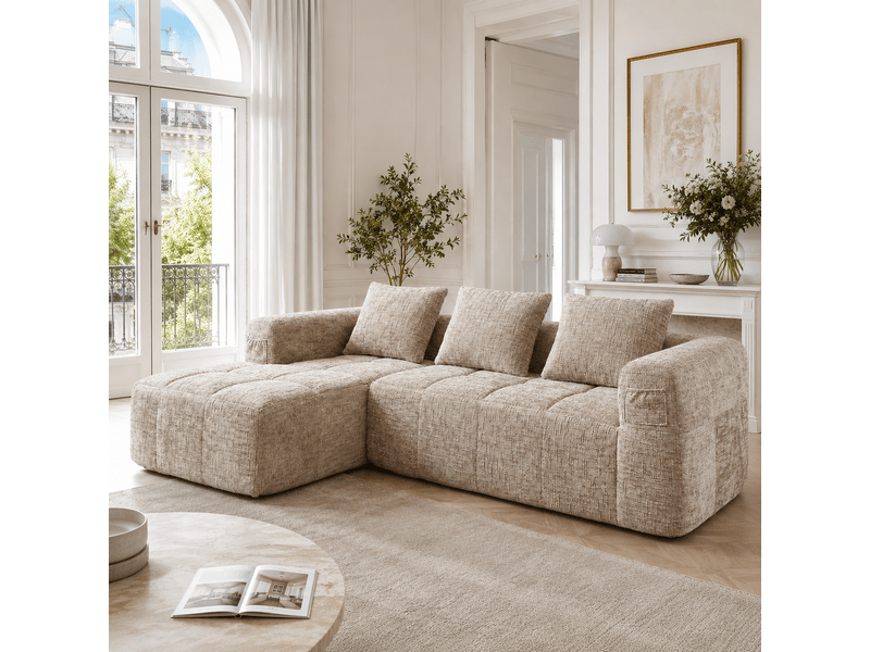 Canapé 3 places en chenille kaki avec méridienne et 3 coussins, sans montage - Conforama B